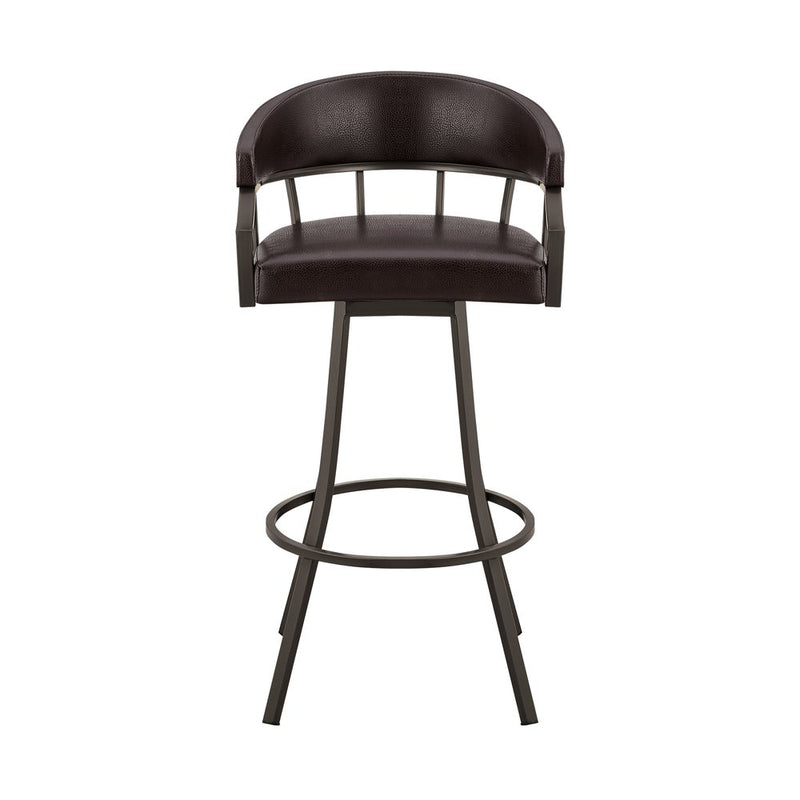 30" Brown Faux Leather And Iron Swivel Low Back Bar Height Bar Chair