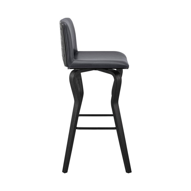 26" Gray And Black Faux Leather And Iron Swivel Low Back Counter Height Bar Chair