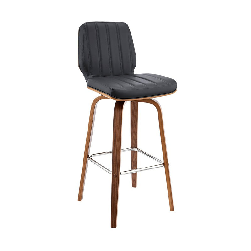 30" Gray and Brown Faux Leather and Solid and Manufactured Wood Bar Height Swivel Bar Chair