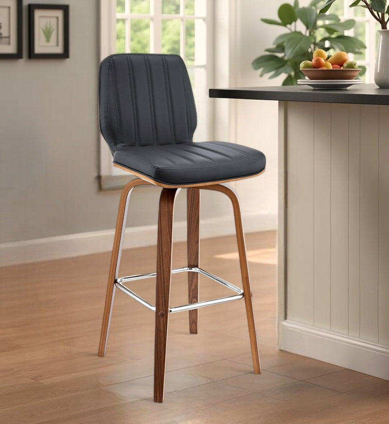 30" Gray and Brown Faux Leather and Solid and Manufactured Wood Bar Height Swivel Bar Chair