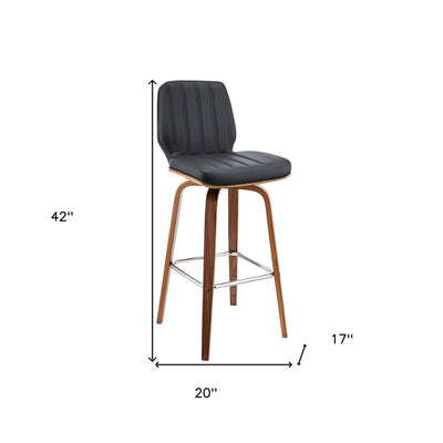 30" Gray and Brown Faux Leather and Solid and Manufactured Wood Bar Height Swivel Bar Chair