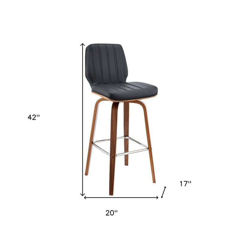 30" Gray and Brown Faux Leather and Solid and Manufactured Wood Bar Height Swivel Bar Chair