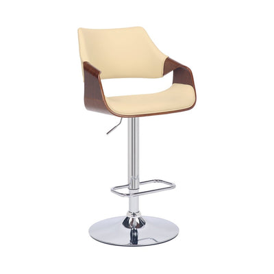 Cream and Silver Faux Leather Iron And Wood Adjustable Height Swivel Bar Chair