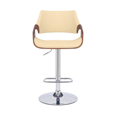 Cream and Silver Faux Leather Iron And Wood Adjustable Height Swivel Bar Chair