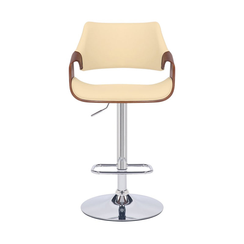 Cream and Silver Faux Leather Iron And Wood Adjustable Height Swivel Bar Chair