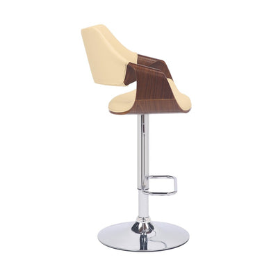 Cream and Silver Faux Leather Iron And Wood Adjustable Height Swivel Bar Chair