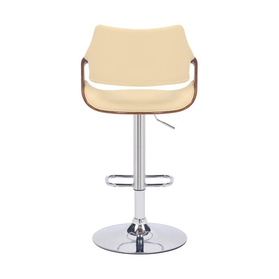 Cream and Silver Faux Leather Iron And Wood Adjustable Height Swivel Bar Chair