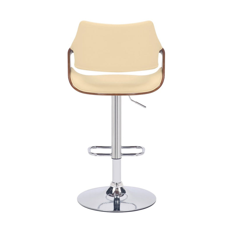 Cream and Silver Faux Leather Iron And Wood Adjustable Height Swivel Bar Chair