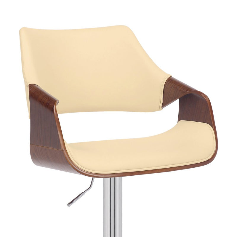 Cream and Silver Faux Leather Iron And Wood Adjustable Height Swivel Bar Chair