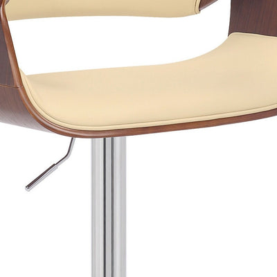 Cream and Silver Faux Leather Iron And Wood Adjustable Height Swivel Bar Chair