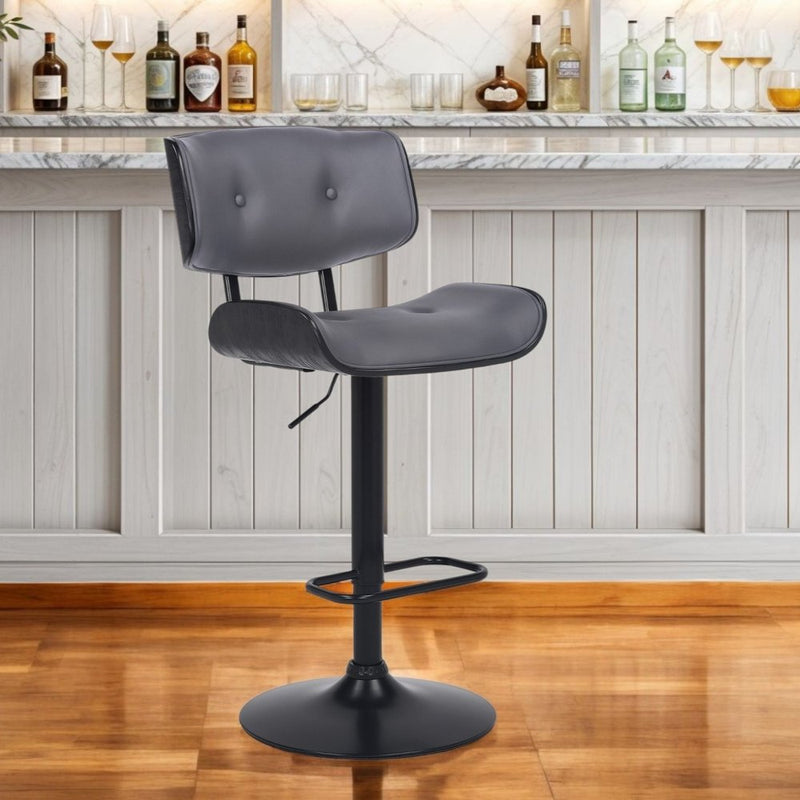 Gray and Black Iron and Faux Leather Adjustable Height Swivel Bar Chair
