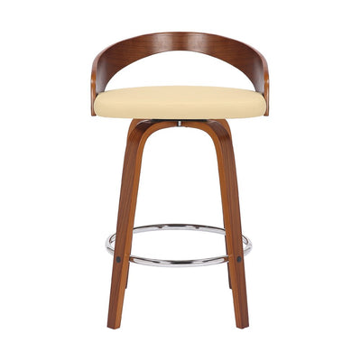 26" Cream and Brown Faux Leather and Solid Wood Low Back Counter Height Swivel Bar Chair