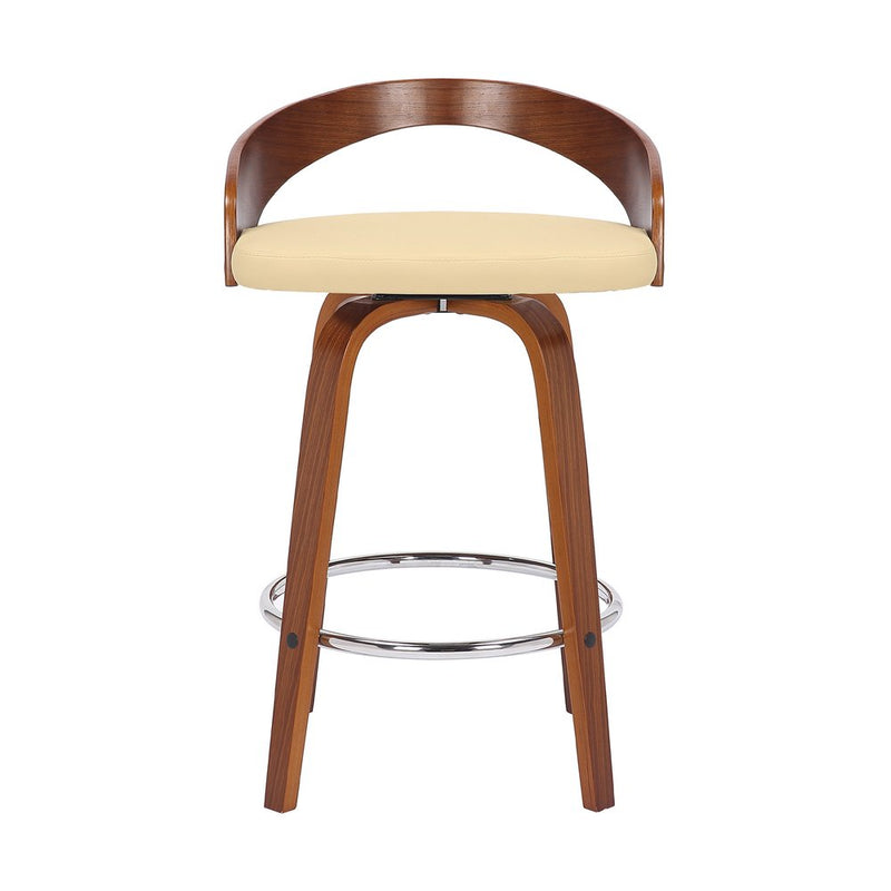 26" Cream and Brown Faux Leather and Solid Wood Low Back Counter Height Swivel Bar Chair