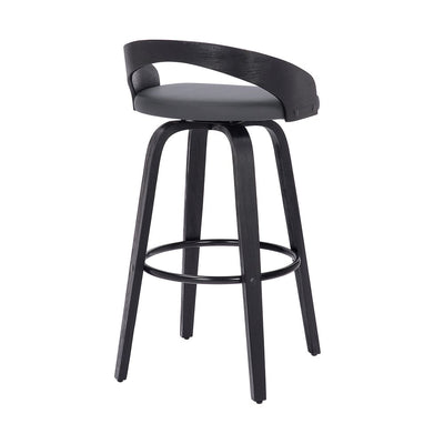 30" Gray and Black Faux Leather and Iron Low Back Bar Height Swivel Bar Chair