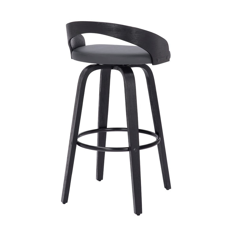 30" Gray and Black Faux Leather and Iron Low Back Bar Height Swivel Bar Chair