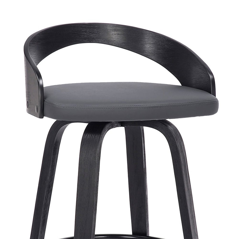 30" Gray and Black Faux Leather and Iron Low Back Bar Height Swivel Bar Chair