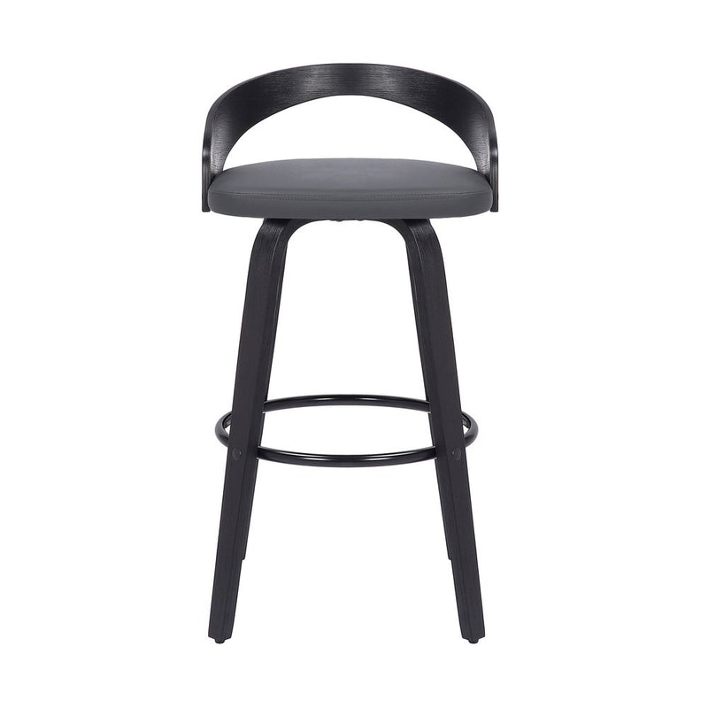 30" Gray and Black Faux Leather and Iron Low Back Bar Height Swivel Bar Chair
