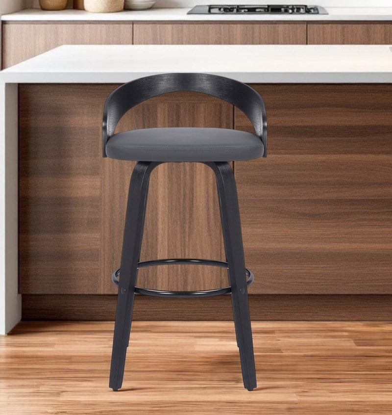 30" Gray and Black Faux Leather and Iron Low Back Bar Height Swivel Bar Chair
