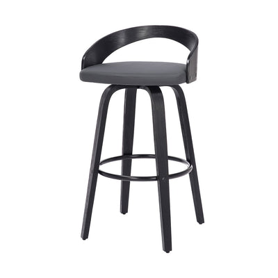 30" Gray and Black Faux Leather and Iron Low Back Bar Height Swivel Bar Chair