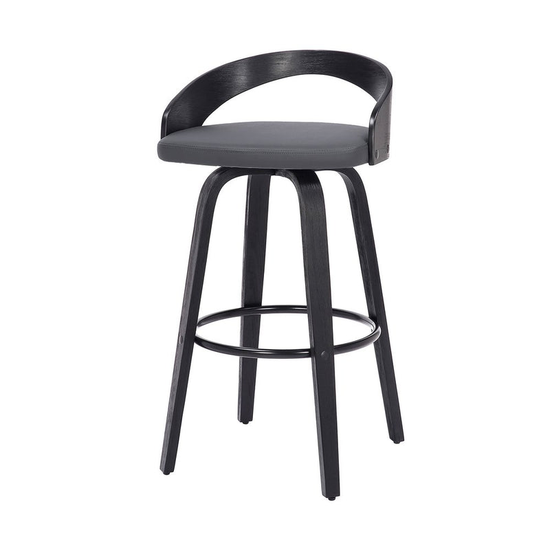 30" Gray and Black Faux Leather and Iron Low Back Bar Height Swivel Bar Chair