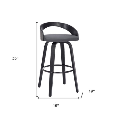 30" Gray and Black Faux Leather and Iron Low Back Bar Height Swivel Bar Chair
