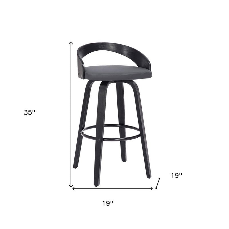 30" Gray and Black Faux Leather and Iron Low Back Bar Height Swivel Bar Chair