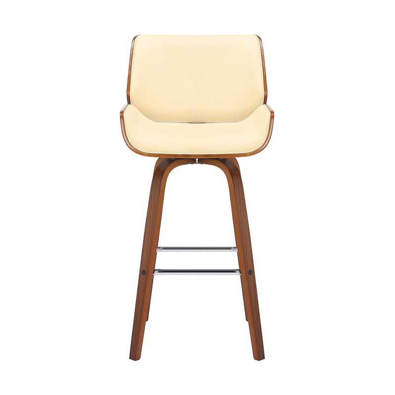 26" Cream And Brown Faux Leather And Solid Wood Swivel Counter Height Bar Chair
