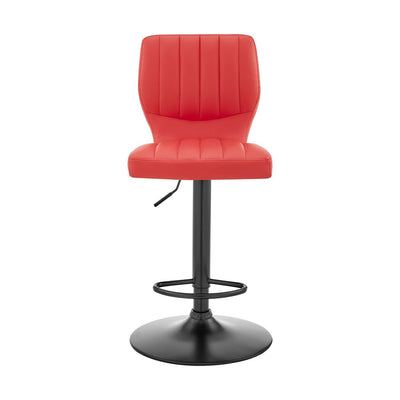 Red and Black Faux Leather And Iron Adjustable Height Swivel Bar Chair