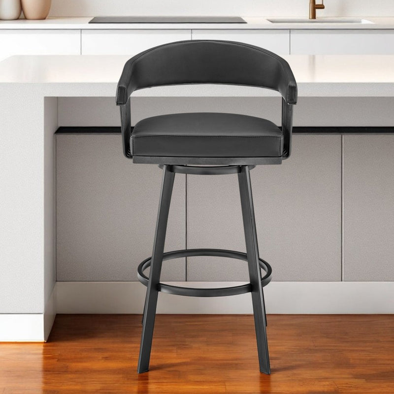 26" Black Faux Leather and Iron Low Back Counter Height Swivel Bar Chair
