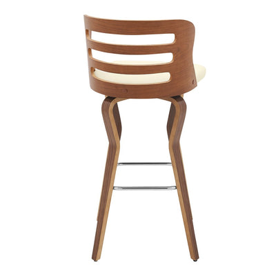 29" Cream And Brown Faux Leather Swivel Low Back Bar Height Bar Chair