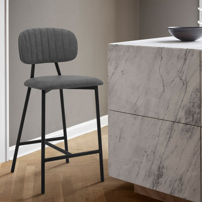 26" Gray and Black Faux Leather and Iron Low Back Counter Height Bar Chair
