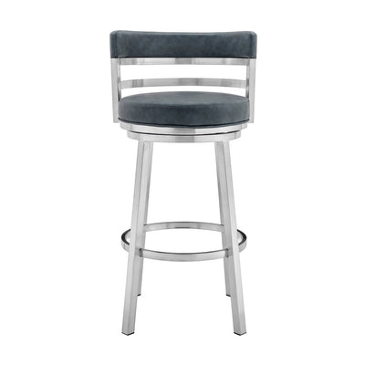 26" Blue and Silver Faux Leather and Stainless Steel Low Back Counter Height Swivel Bar Chair