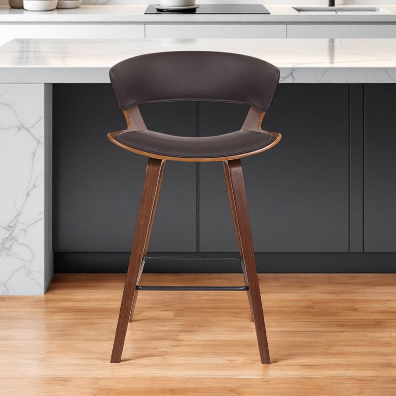 27" Brown Faux Leather and Iron Low Back Counter Height Bar Chair