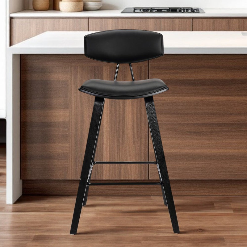 29" Black Faux Leather and Iron Low Back Bar Height Bar Chair