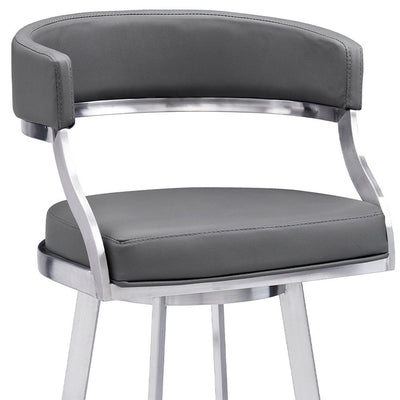 30" Gray and Silver Faux Leather and Iron Low Back Bar Height Swivel Bar Chair
