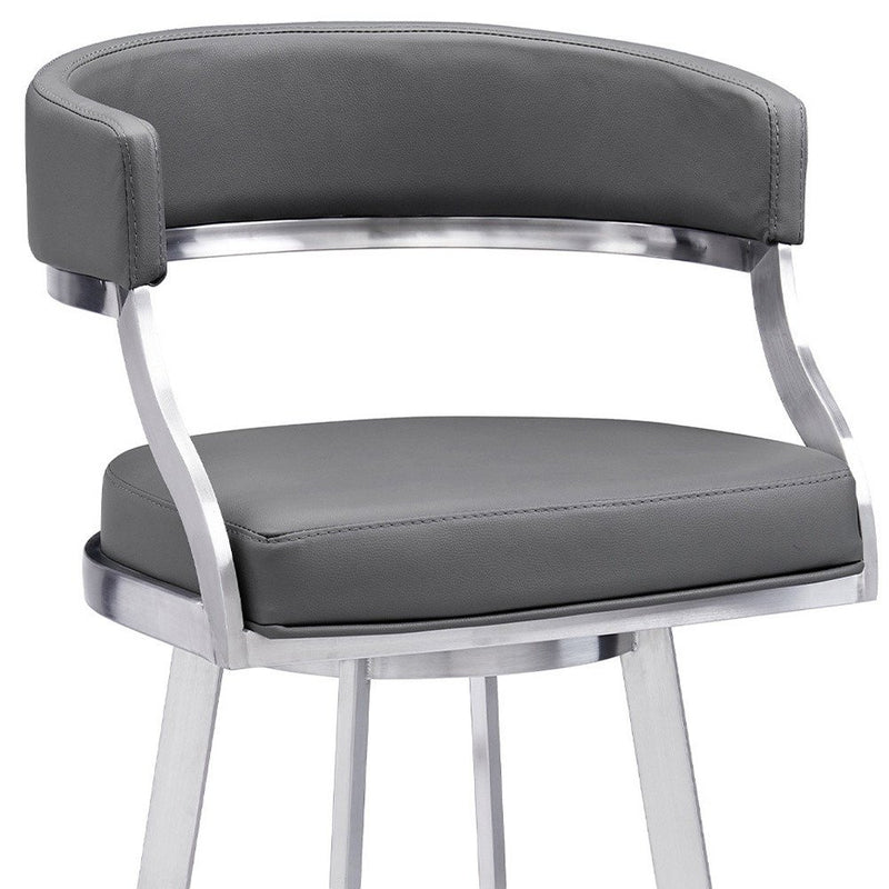 30" Gray and Silver Faux Leather and Iron Low Back Bar Height Swivel Bar Chair
