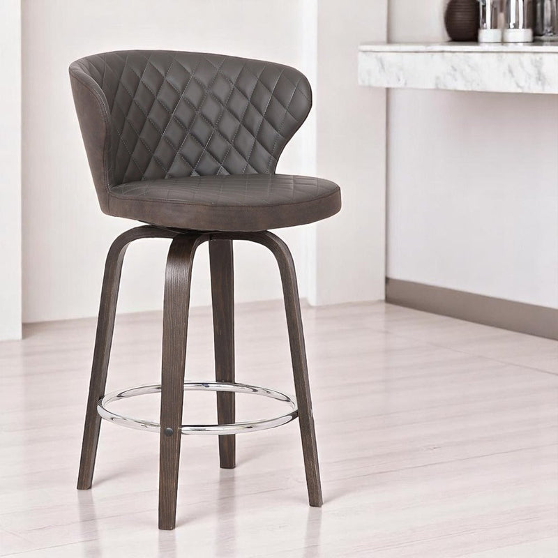 30" Brown Faux Leather And Iron Swivel Low Back Bar Height Bar Chair