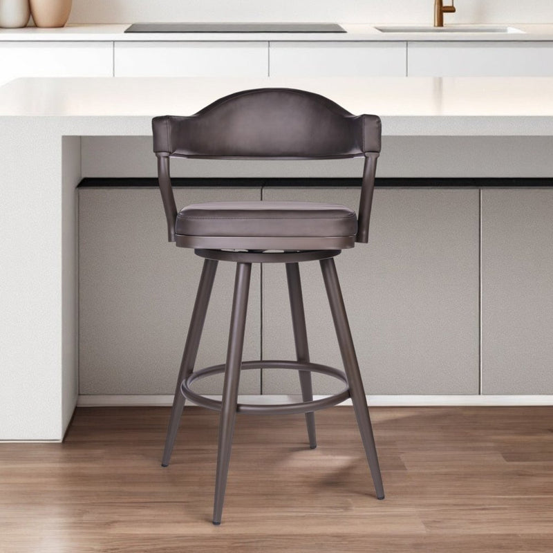 26" Brown Faux Leather and Iron Counter Height Swivel Bar Chair