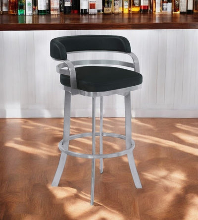 26" Black and Silver Faux Leather and Iron Low Back Counter Height Swivel Bar Chair