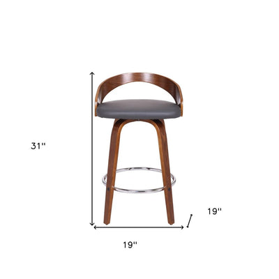 26" Gray and Brown Faux Leather and Iron Low Back Counter Height Swivel Bar Chair