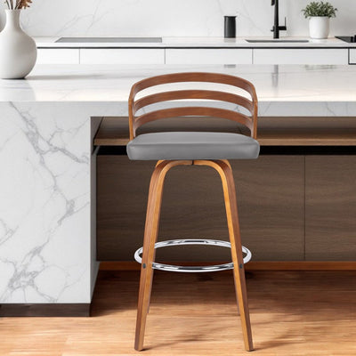 30" Gray and Brown Fabric and Iron Low Back Bar Height Swivel Bar Chair