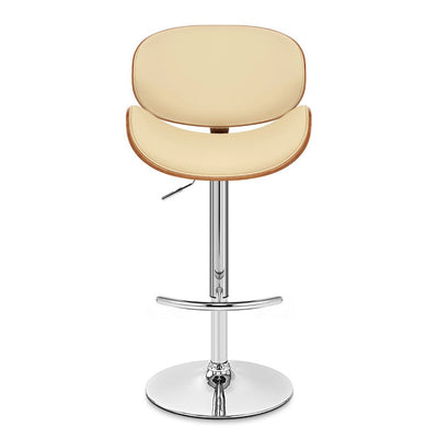 Cream and Silver Faux Leather and Solid Wood Low Back Adjustable Height Swivel Bar Chair