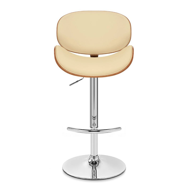 Cream and Silver Faux Leather and Solid Wood Low Back Adjustable Height Swivel Bar Chair
