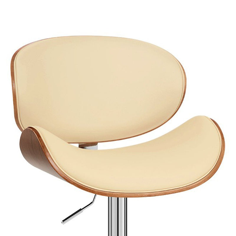 Cream and Silver Faux Leather and Solid Wood Low Back Adjustable Height Swivel Bar Chair