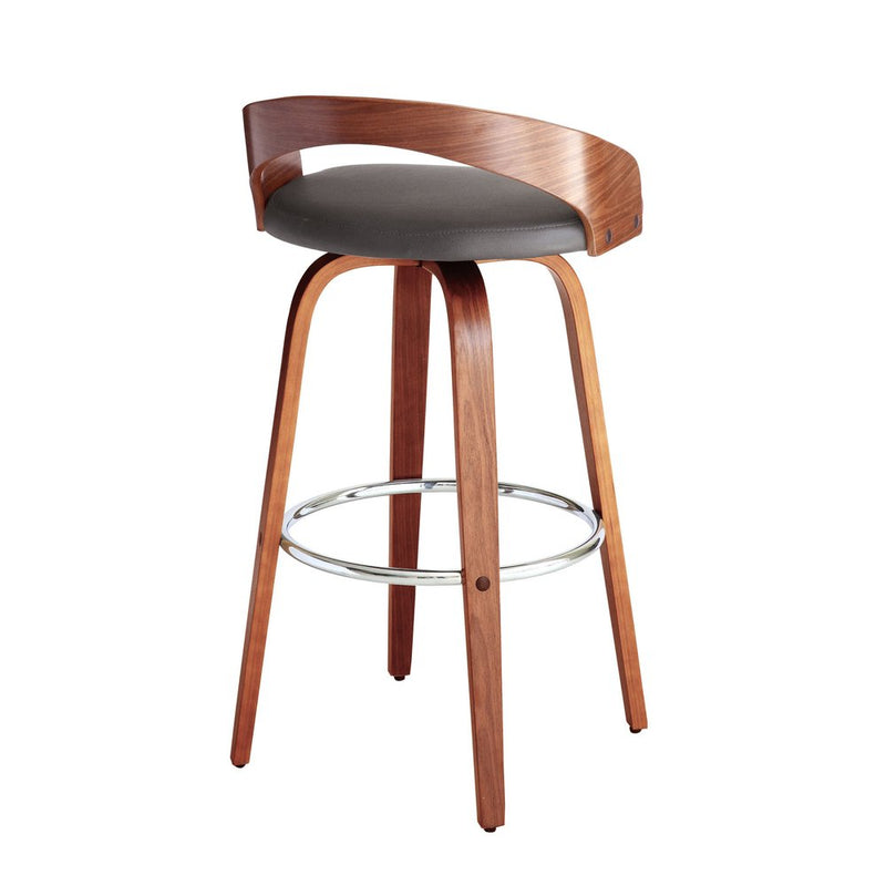 30" Gray and Brown Faux Leather and Iron Low Back Bar Height Swivel Bar Chair