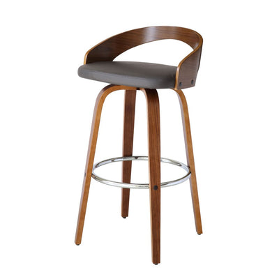 30" Gray and Brown Faux Leather and Iron Low Back Bar Height Swivel Bar Chair