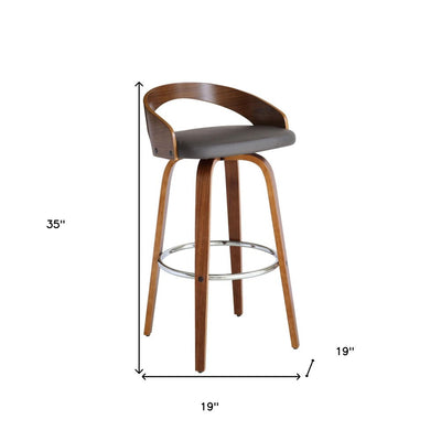30" Gray and Brown Faux Leather and Iron Low Back Bar Height Swivel Bar Chair