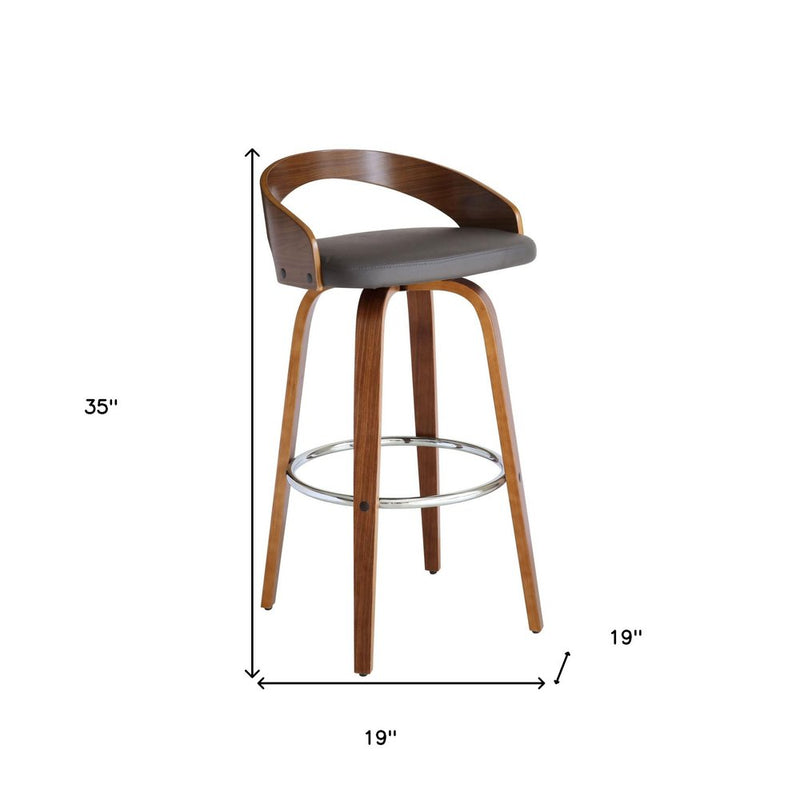 30" Gray and Brown Faux Leather and Iron Low Back Bar Height Swivel Bar Chair