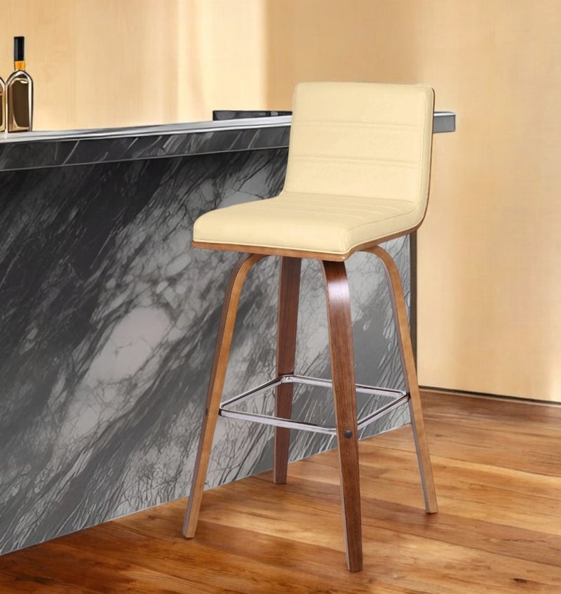 30" Cream and Brown Fabric and Iron Low Back Bar Height Swivel Bar Chair