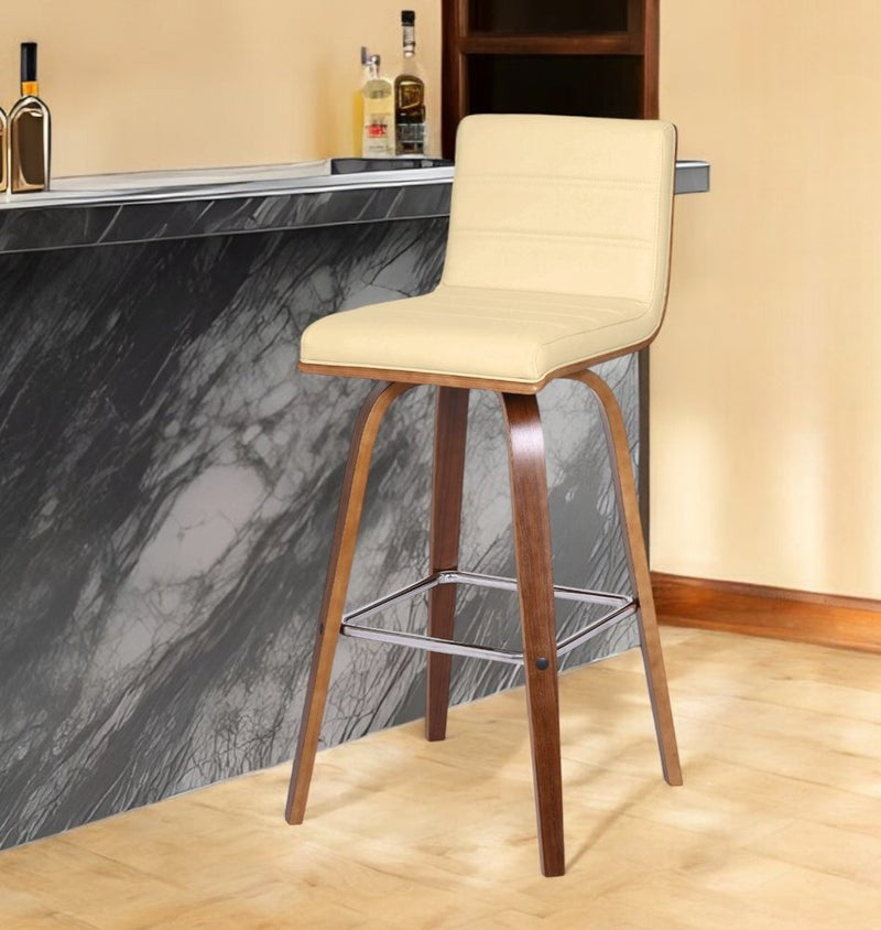 30" Cream and Brown Fabric and Iron Low Back Bar Height Swivel Bar Chair